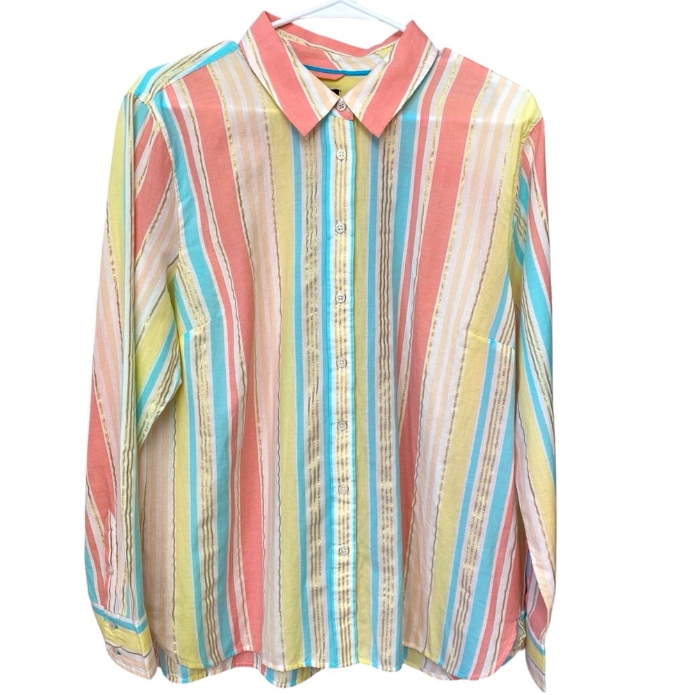 New Talbots Striped Button Up Top Multicolor Metallic Women’s XL